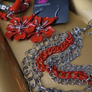 3 Pc  Bold Red and Silver Floral Set
